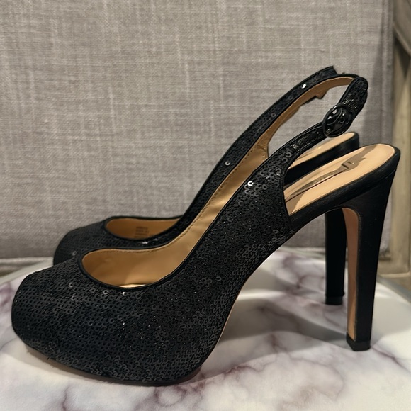 BCBG heels - black sequin slingback platform shoes peep toe size 8.5. Stiletto - Picture 7 of 17